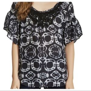 Silk Tie Dye Embroidered Neck Flutter Short Sleeve Black White Blouse by Da-Nang